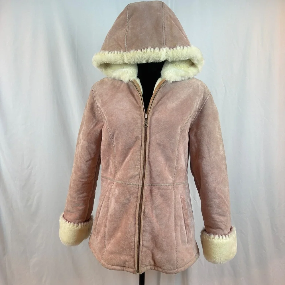 Wilsons Leather Pink Suede‎ Hooded Jacket Faux Fur Shearling Lined Dusty Rose
